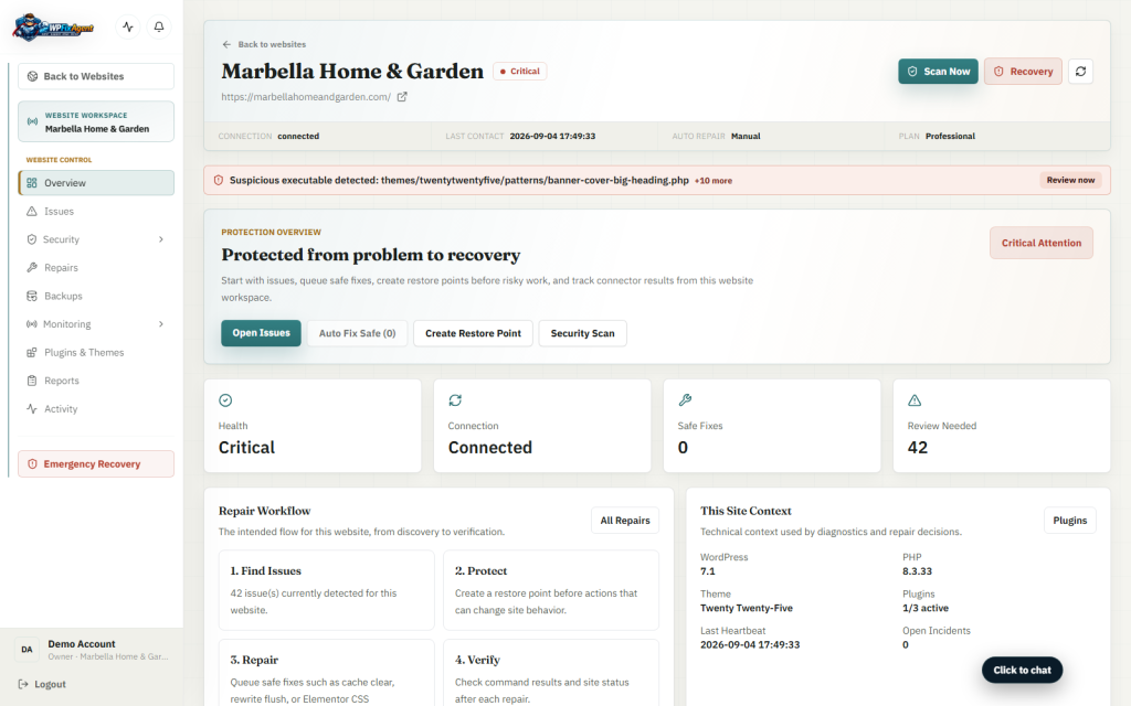 WPFixAgent SaaS dashboard showing a connected website's protection overview, health status, and open issues