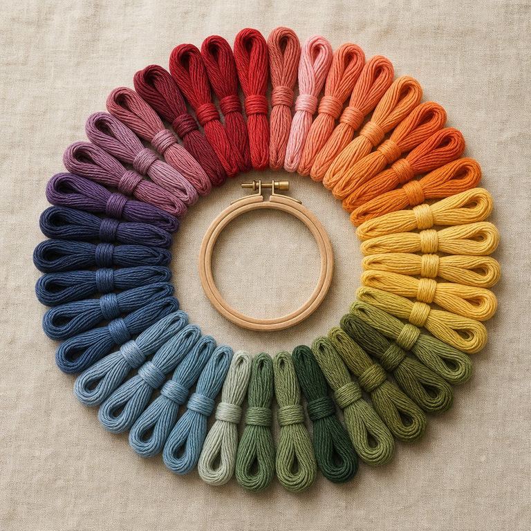 Colorful embroidery floss arranged around a wooden hoop.