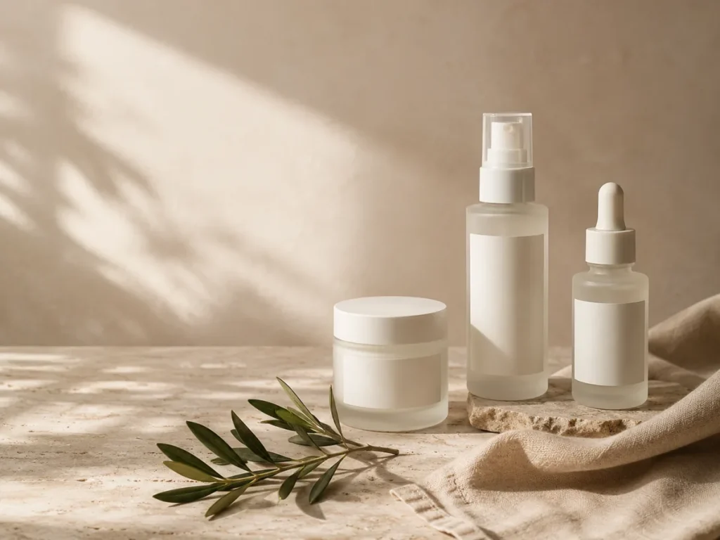AI-generated skincare product campaign concept with blank packaging in a bright editorial setting