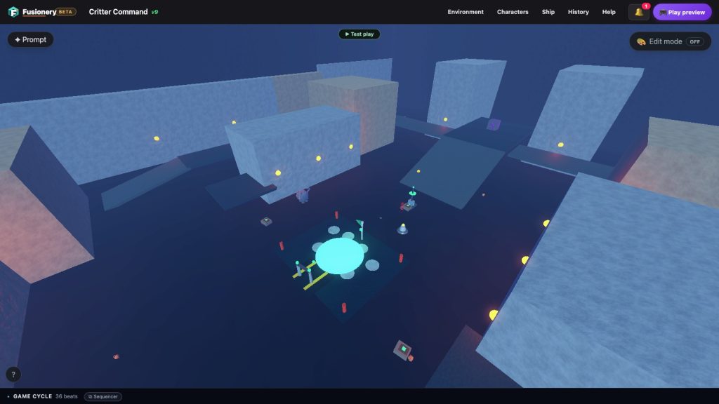 The Fusionery Studio editor: a rendered 3D world with menubar, inspector, and the AI agent dock