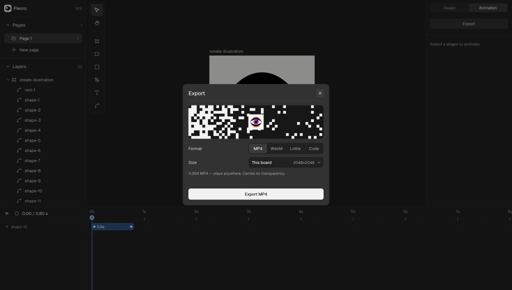 The Export dialog open over an illustration board, with MP4, WebM, Lottie and Code to choose between and a board size picked.