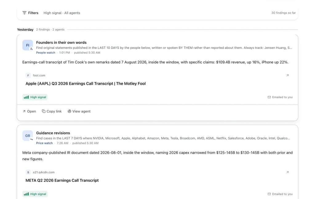 The Parlel feed, showing findings grouped by day with their source, publish time and a one-line reason each matched.