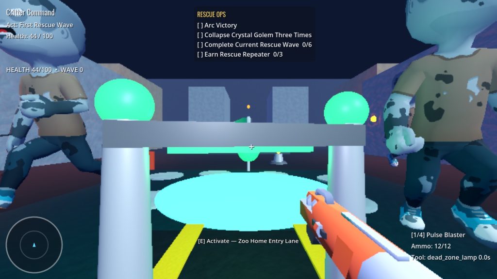 A firefight in Critter Command, rendered by the Godot engine in the browser