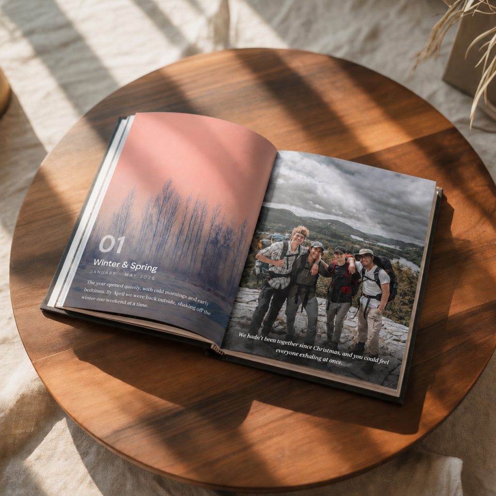 An open StoryPress photo book on a coffee table, showing a printed travel spread with captions