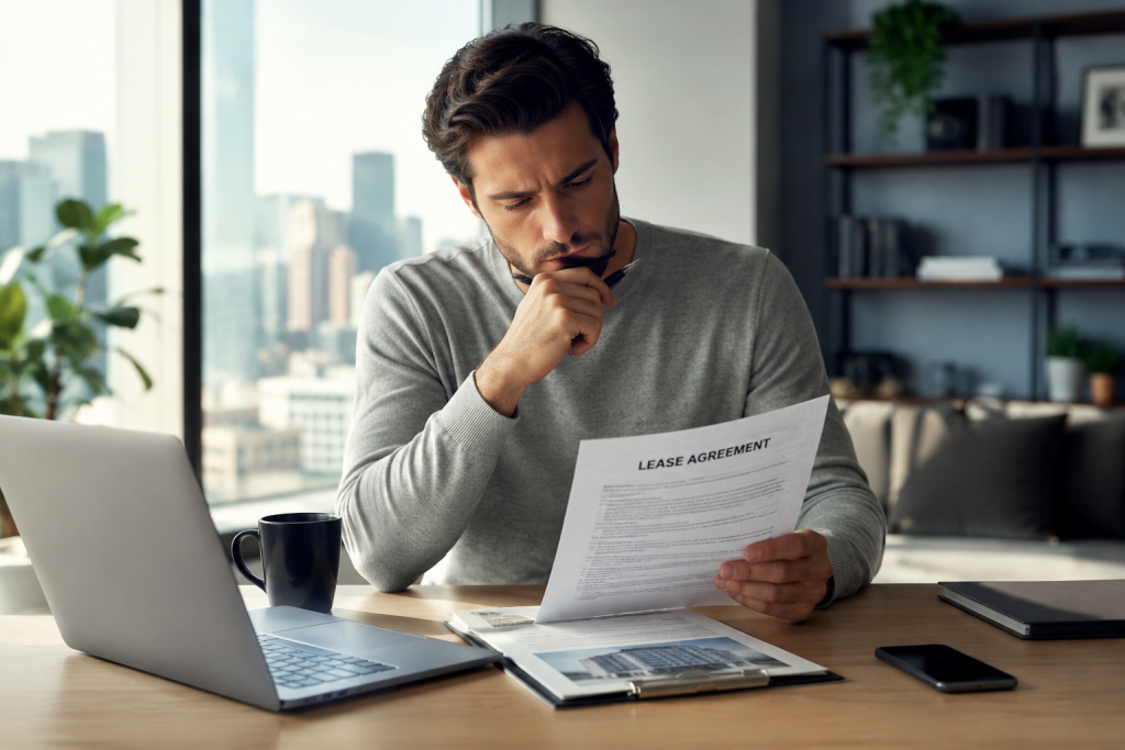 Person hesitating before signing a lease agreement