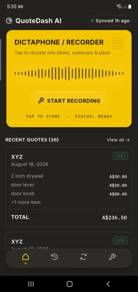 QuoteDash AI home screen with a Start Recording button and a list of recent quotes