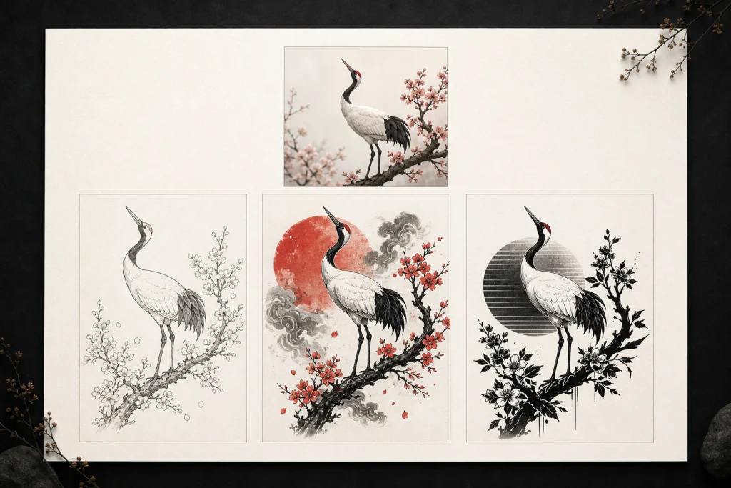 A crane reference above three tattoo concepts in fine-line, Japanese-inspired, and blackwork styles.