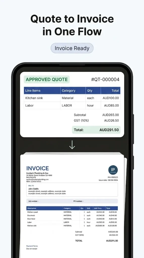 An approved quote next to the invoice it generated, with an invoice number, quote reference line and a paid stamp