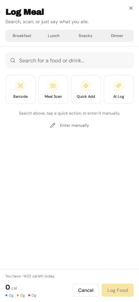 Rizin Log Meal screen with barcode, Meal Scan photo, Quick Add, and AI Log options