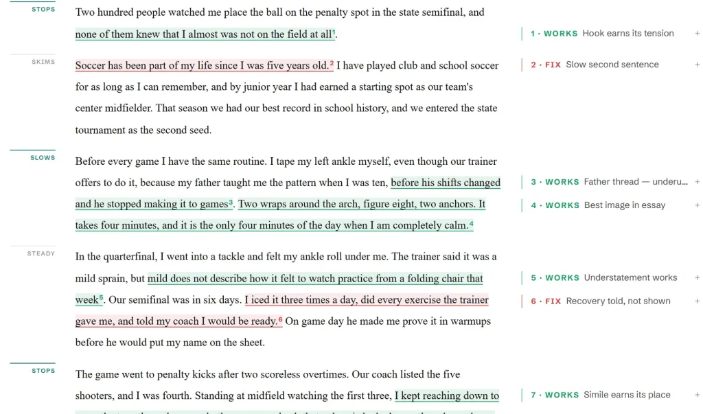 The essay with underlined sentences and numbered margin notes: the hook earning its tension, the slow second sentence flagged, the taping ritual marked as the best image, and the recovery paragraph marked told-not-shown.