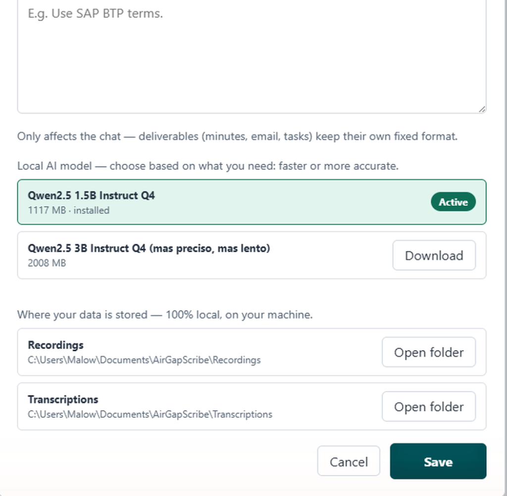 AirGapScribe Pro assistant settings: local model choice and recordings/transcripts folders, 100% local