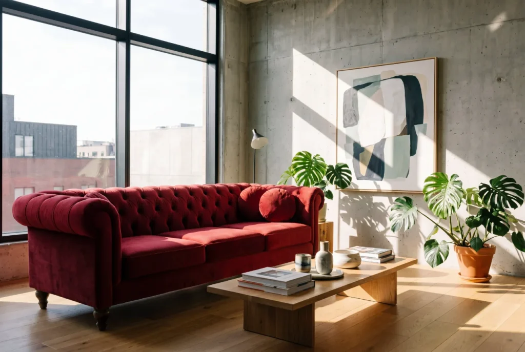 Modern living room with red velvet chesterfield sofa replaced using AI virtual staging.