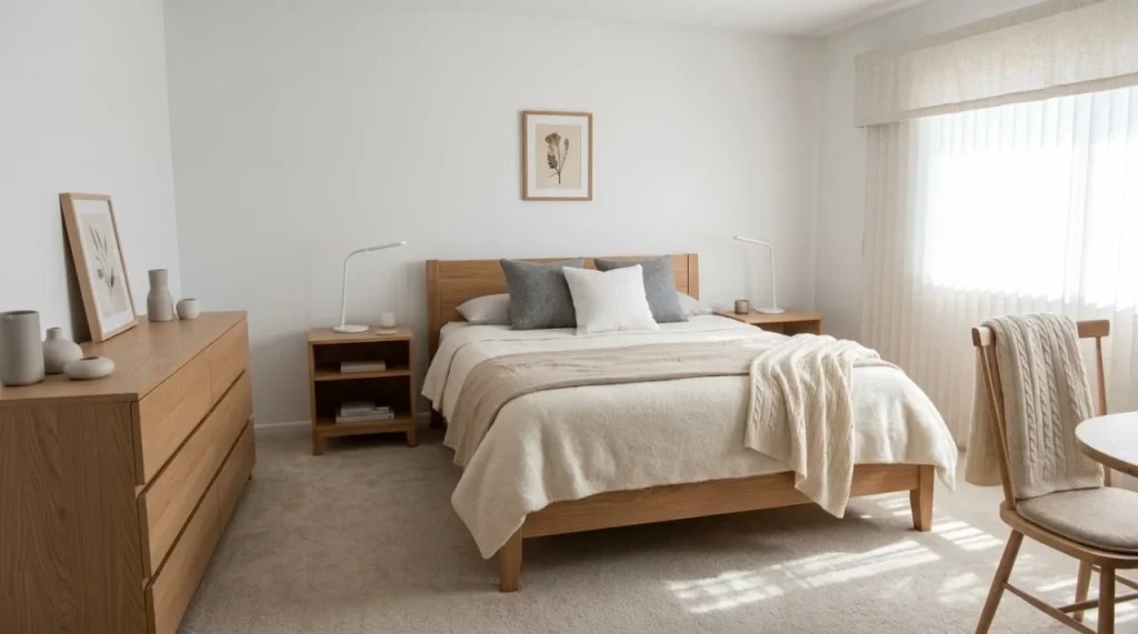 Modern minimalist bedroom interior after AI staging with light wood furniture and neutral tones
