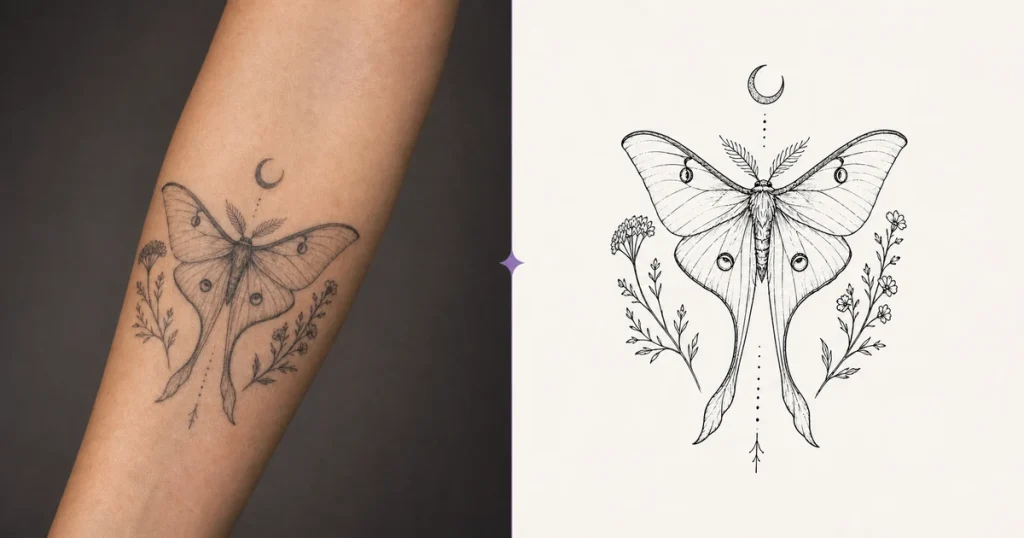 Moth and botanical tattoo on a forearm beside a matching black-and-white stencil-style drawing.