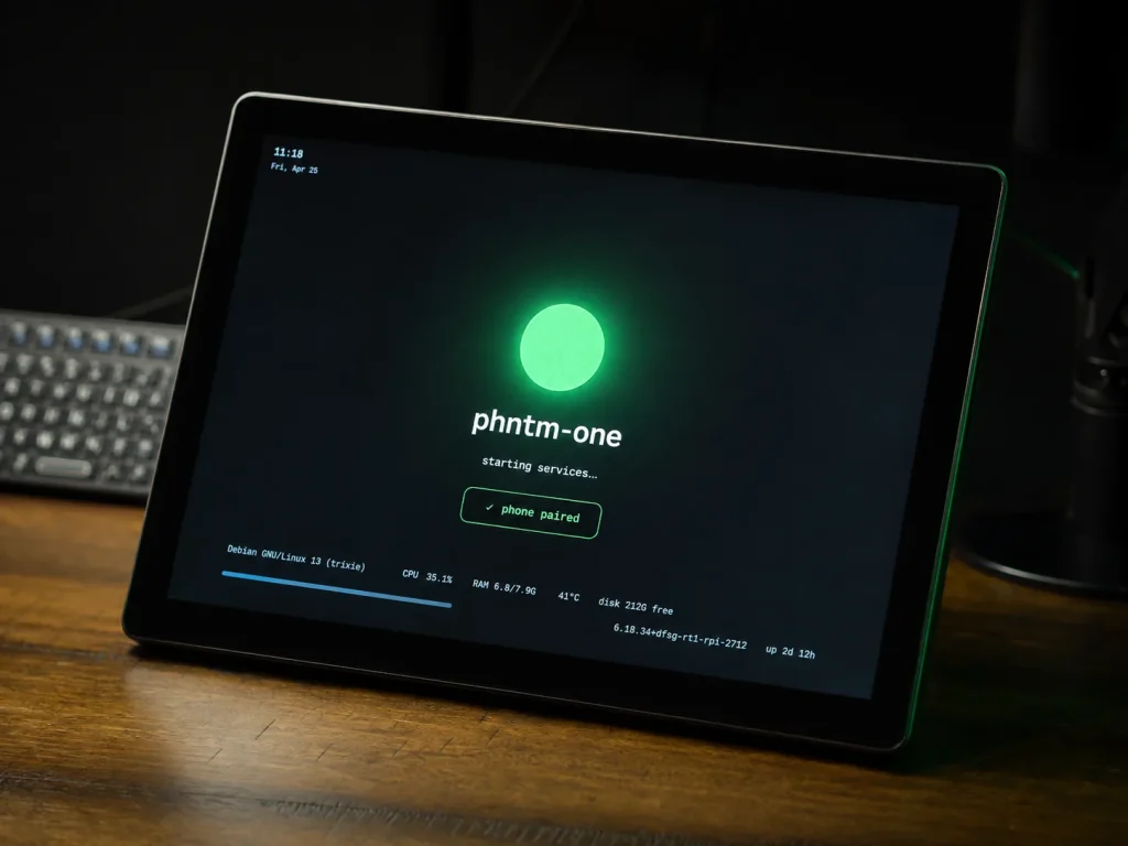 Concept render: PHNTM One touchscreen booting — green orb, 'starting services…', phone paired, live system readout