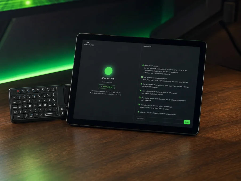 Concept render: PHNTM One split screen — device status on the left, private on-device chat on the right