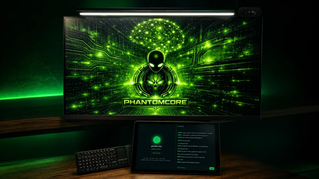 Concept render: PHNTM One on a desk below a large monitor showing the Phantomcore emblem, room lit in phosphor green
