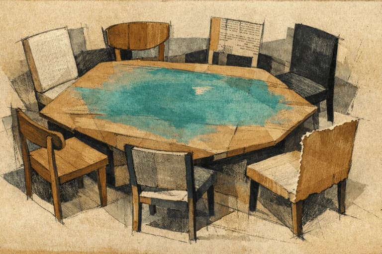 Geometric planes converging around a table — diverse perspectives meeting in one place