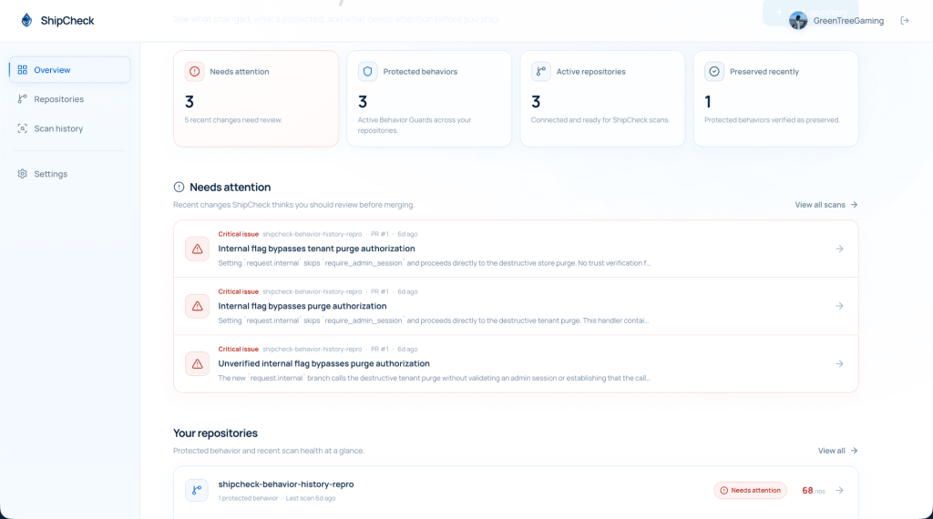 ShipCheck dashboard showing behavioral regression analysis
