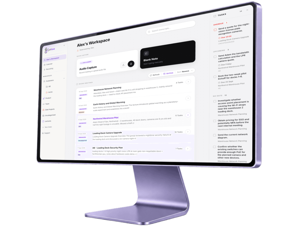 Jottoo workspace on a desktop monitor: quick capture, recent meetings and the task list