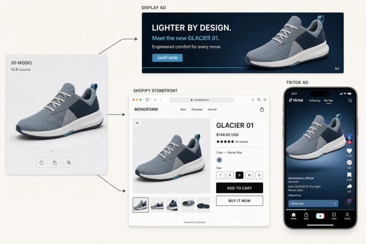 One 3D sneaker model reused in a display ad, a Shopify storefront, and a TikTok ad
