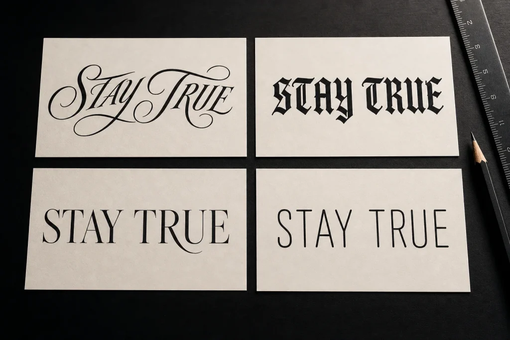 Four cards show “Stay True” in script, blackletter, serif, and minimalist lettering.