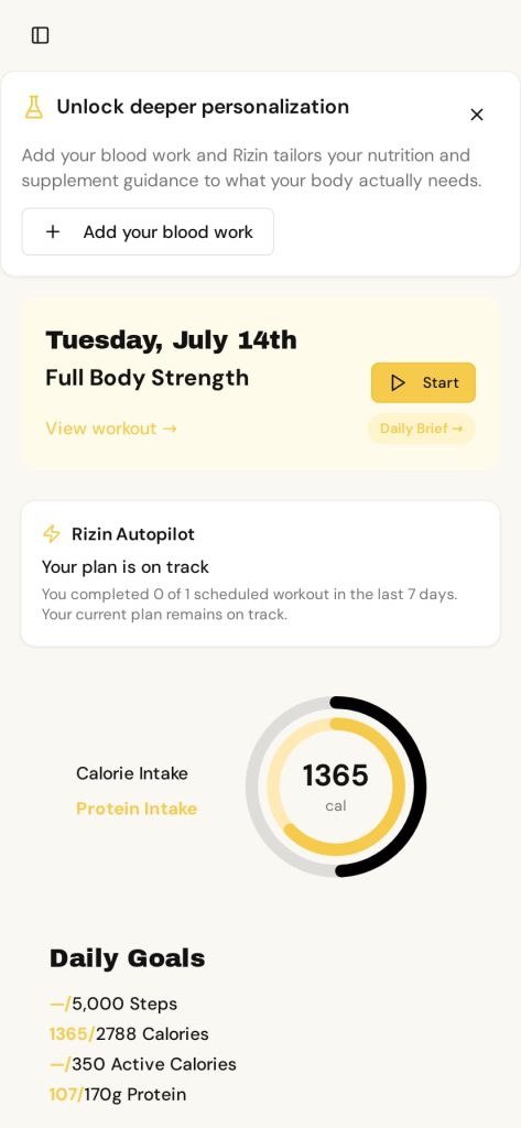 Rizin Today dashboard showing the day's gym session, calorie ring, and daily goals