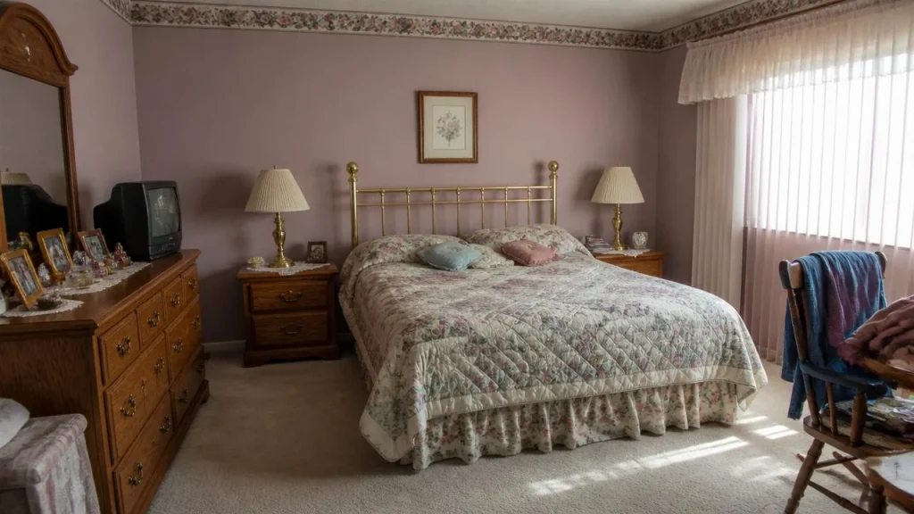 Traditional bedroom interior before AI redesign with vintage floral wallpaper and wooden furniture