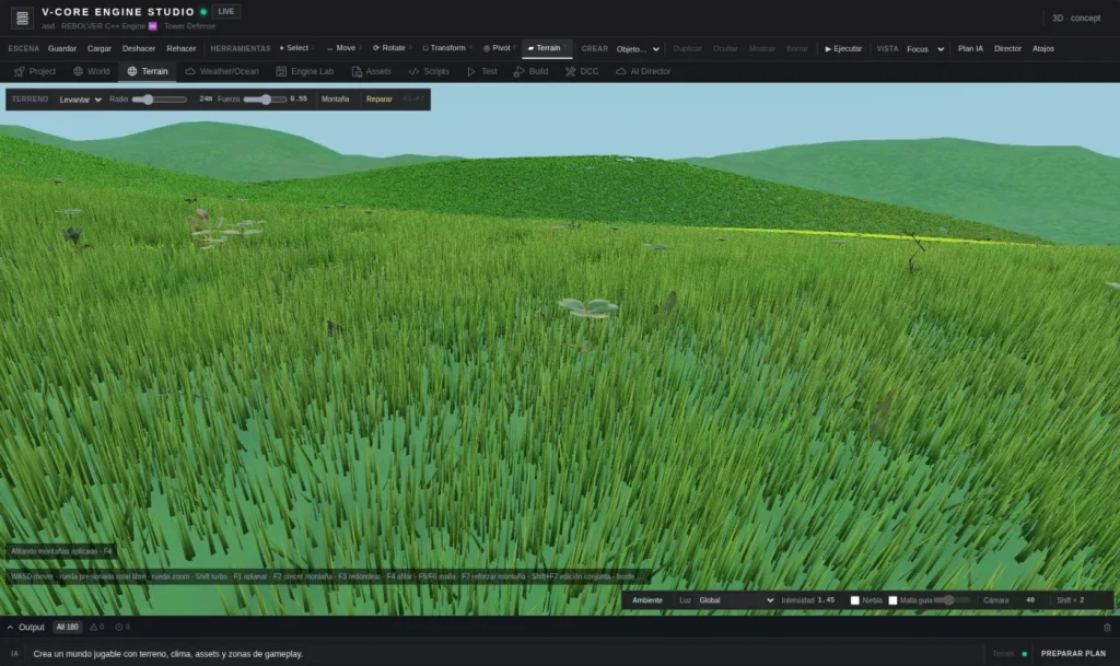 V-CORE Engine Studio — procedural terrain with grass and hills
