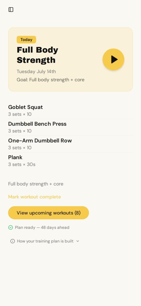 Rizin rolling workout plan with upcoming sessions and exercise counts